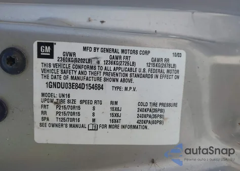 2004 Chevrolet Venture Plus из США, поврежденный, VIN 1GNDU03E84D154684